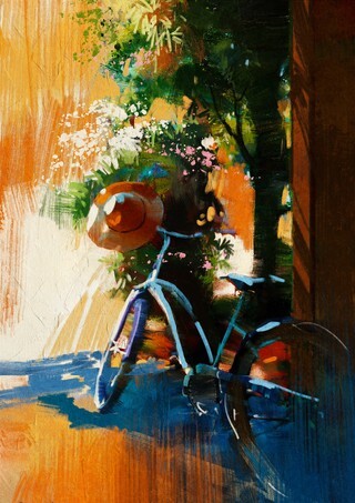 Vintage bicycle and old hat on summer day - digital painting